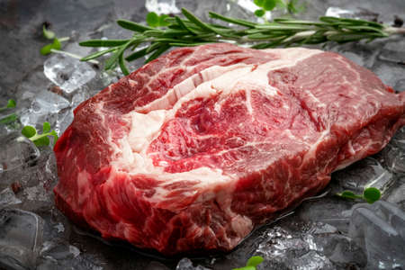 Raw fresh rib eye beef steak on ice with herbs and rosemaryの写真素材
