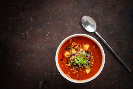 Italian tomato cream soup with meat, potatoes and green leaves in a white bowl on a rusty steel backgroundの写真素材