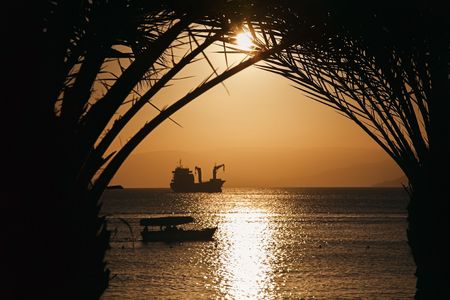 Golden Jordan sunset in Aqaba, red seaの写真素材