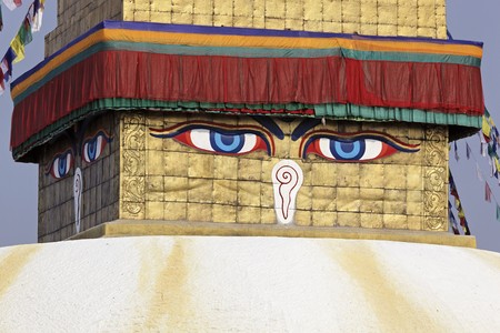 Buddha  eyes on a Boudha Nath (Bodhnath) stupa in kathmandu, Nepalの写真素材