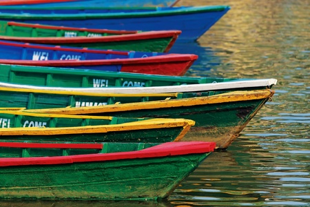 Color boats on Phewa lake, Pokhara, Nepalの写真素材