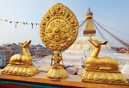 Golden brahma symbol in front of Boudha Nath (Bodhnath) stupa in kathmandu, Nepalの写真素材