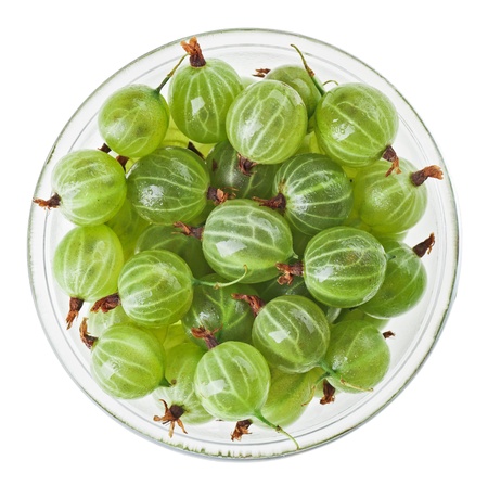 Gooseberry fruits in transparent glass, isolated on white macroの写真素材
