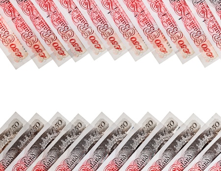 Many 50 pound sterling bank notes business background, isolated  on white
