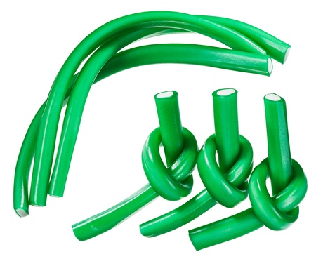 Green gummy candy  licorice  rope set, isolated on white closeup viewの写真素材