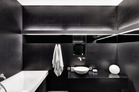 Modern minimalism style bathroom interior in black and white tonesの写真素材