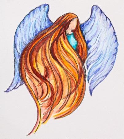 Redhead Angel, watercolor with slate-pencil paintingの写真素材