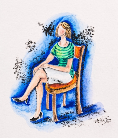 Woman sitting on a chair, watercolor with slate-pencil paintingの写真素材