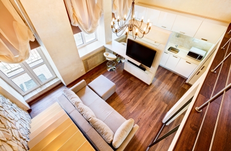 Modern art nouveau style two-high living-room interior with staircase, top viewの写真素材