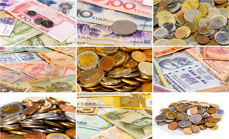 Collage (set) of many different asian currency bank notes  and coins business backgroundの写真素材