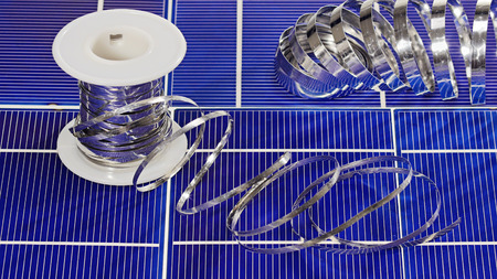 Solar panel cell elements and wires assembling details, closeup view