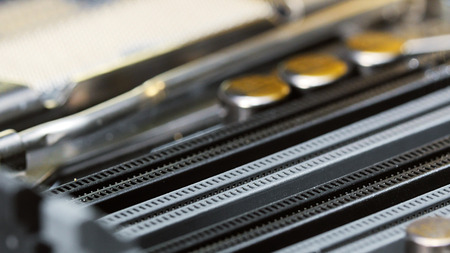 RAM socket on computer main board, closeup background