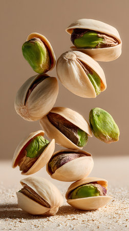 Flying pistachios on a beige background, close-upの写真素材