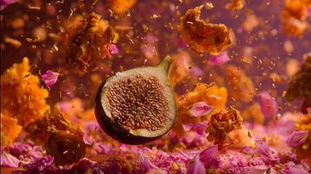 A close up shot of a single fig sliced open. The focus is on the dense cluster of seeds and the delicate texture of the fruit's interior.の素材