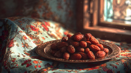 Dried dates on a plate. Vintage style. Selective focus.の素材
