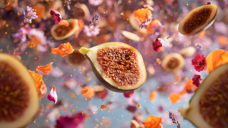 A detailed macro shot of a fresh fig cut in half showing its vibrant pink flesh and numerous tiny seeds. The texture of the fruit is clearly visible.の素材