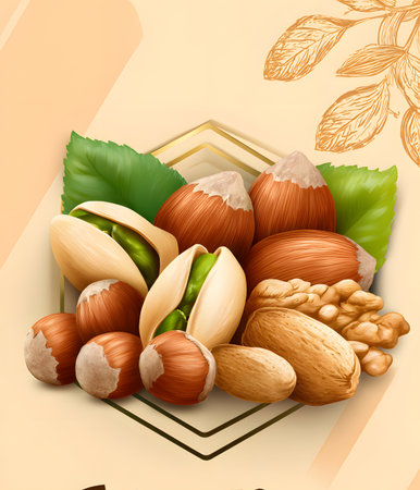 Pistachios, almonds, hazelnuts, pistachios, pistachios, pistachios and walnuts. Vector realistic illustrationの素材