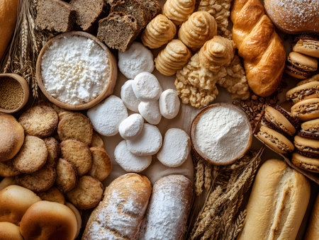 A flat lay composition of diverse bakery items featuring different types of bread crackers and pastries arranged with bowls of flour and ears of wheat.の素材