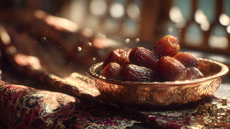 A close up view of an ornate copper bowl holding a serving of plump, glistening dates. The warm, soft light highlights the rich brown color and texture of the traditional sweet fruit.の素材