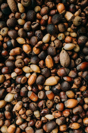 An overhead close up shot of a large pile of acorns. The nuts show a variety of natural brown and tan colors, textures, and shapes creating a full frame background.の素材