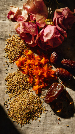 Dried fruits, seeds and dried flowers on a linen tableclothの素材