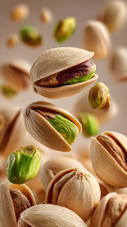 Crisp roasted pistachios with partially opened shells are frozen in mid air. The vibrant green of the nuts contrasts with the beige shells highlighting their freshness and appeal.の素材