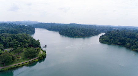 A lovely aerial view of a reservoir in Singaporeの写真素材