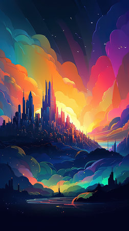 088. enchanted skyline graphic poster design magical palettes wallpaper. Generative AIの素材
