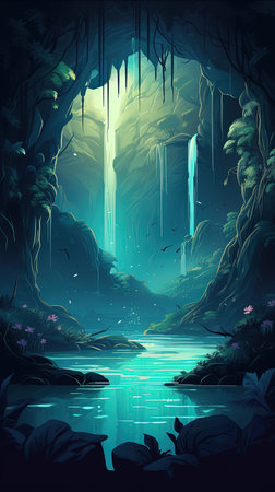 091. enchanted waterfalls graphic poster design wallpaper. Generative AIの素材