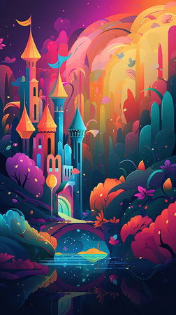 126. magical fairyland graphic poster design enchanting color wallpaper. Generative AIの素材