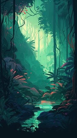 122. lush rainforests graphic poster design vibrant palettes wallpaper. Generative AIの素材