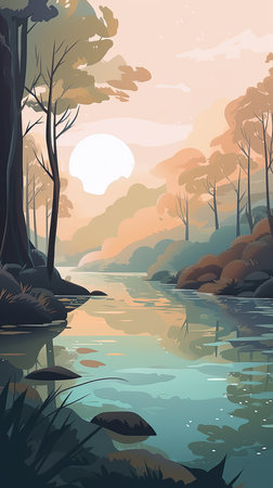 167. serene riverbank graphic poster design calming hues wallpaper. Generative AIの素材