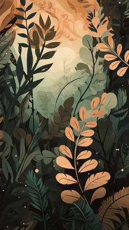 227. whimsical ferns graphic poster design earthy and organic wallpaper. Generative AIの素材