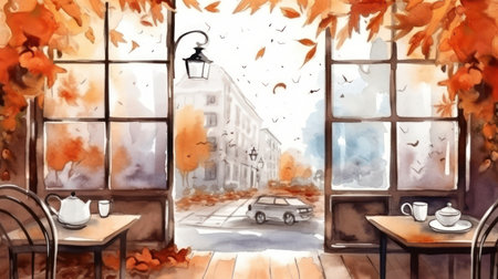 007_Watercolor a cozy coffee shop and autumn leaves hand-drawn art style, Generative AIの素材