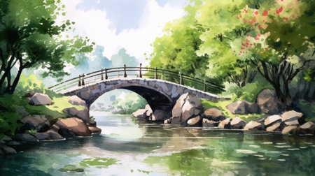 035_The peaceful sound of a flowing river, with a quaint bridge spanning its width, Watercolor, hand-drawn art style, Generative AIの素材