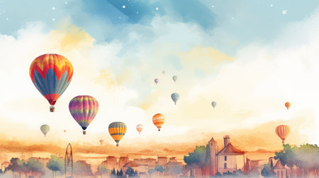 021_The vibrant colors of a hot air balloon festival, paired with the peaceful sound of early morning flights, Watercolor, hand-drawn art style, Generative AIの素材