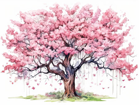 061_a blooming cherry blossom tree, watercolor and ink illustration, generative aiの素材