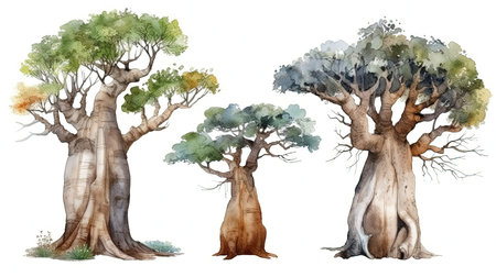 093_set of watercolor baobab tree, generative aiの素材