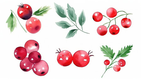118_set of watercolor cranberries, generative aiの素材