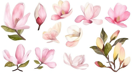 174_set of watercolor magnolia flowers, generative aiの素材
