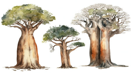 092_set of watercolor baobab tree, generative aiの素材