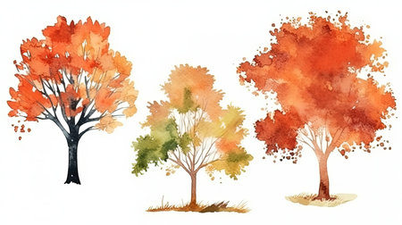 181_set of watercolor maple tree, generative aiの素材