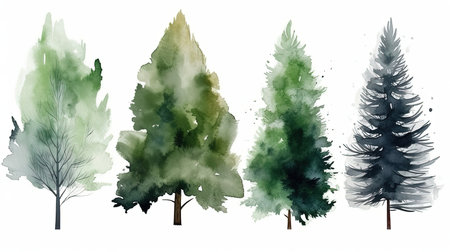 210_set of watercolor pine tree forest, generative aiの素材