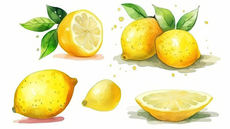158_set of watercolor lemons, generative aiの素材