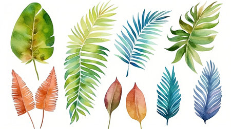 239_set of watercolor tropical palm leaves, generative aiの素材