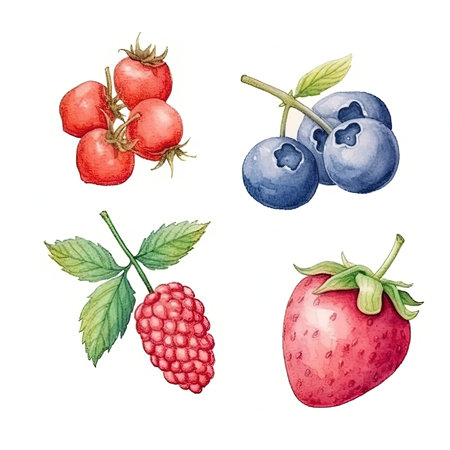070_set of berries, watercolor and ink illustration, generative aiの素材