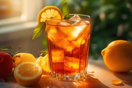 029_sweet iced peach tea with lemon slices, Generative AIの素材