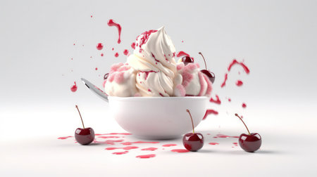 028_A bowl of cherry cheesecake ice cream with swirls of cheesecake and chunks of cherry, on a white background, Generative AIの素材