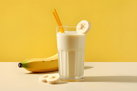 037_delicious and creamy Korean banana milk with sliced bananas, Generative AIの素材