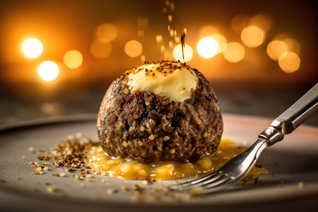 050_haggis with neeps and tatties, white plate and fork background, Scottish styleの素材
